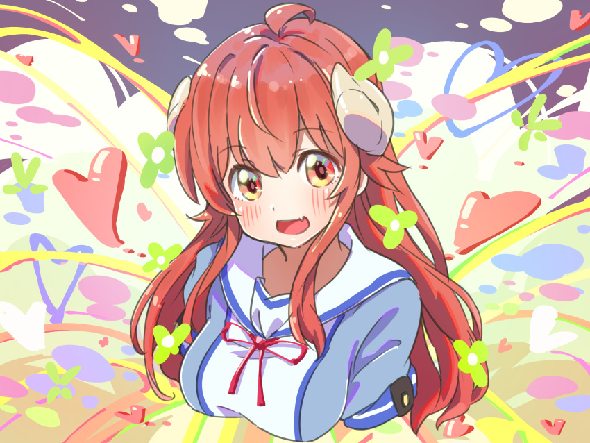 1girl :d ahoge blue_shirt blush breasts bright_pupils brown_eyes commentary_request cropped_torso curled_horns demon_girl demon_horns fang happy heart highres horns icorasama large_breasts long_hair looking_at_viewer machikado_mazoku multicolored_background open_mouth red_ribbon redhead ribbon sailor_collar school_uniform serafuku shirt sidelocks simple_background skin_fang smile solo tareme two-tone_shirt upper_body white_sailor_collar white_shirt yoshida_yuuko_(machikado_mazoku)