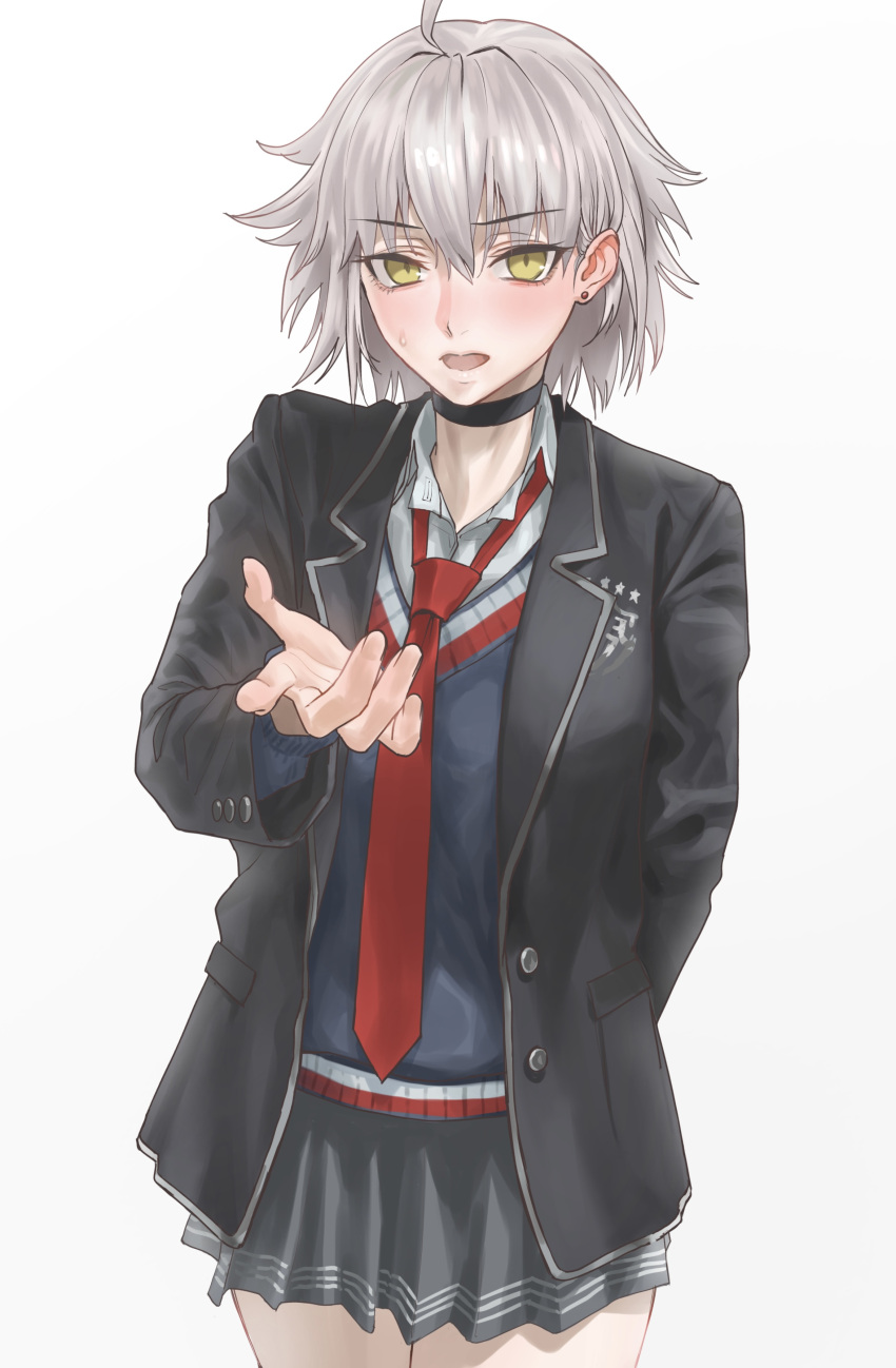 1girl absurdres ahoge arm_behind_back black_choker black_jacket black_skirt blue_cardigan blush buttons cardigan choker collared_shirt commentary_request fate/grand_order fate_(series) fingernails grey_hair hair_between_eyes highres jacket jeanne_d'arc_alter_(fate) long_sleeves necktie official_alternate_costume open_clothes open_jacket open_mouth pink_nails pleated_skirt pocket reaching reaching_towards_viewer red_necktie school_uniform shirt short_hair simple_background skirt solo sweatdrop tonko_from uniform white_background white_shirt yellow_eyes