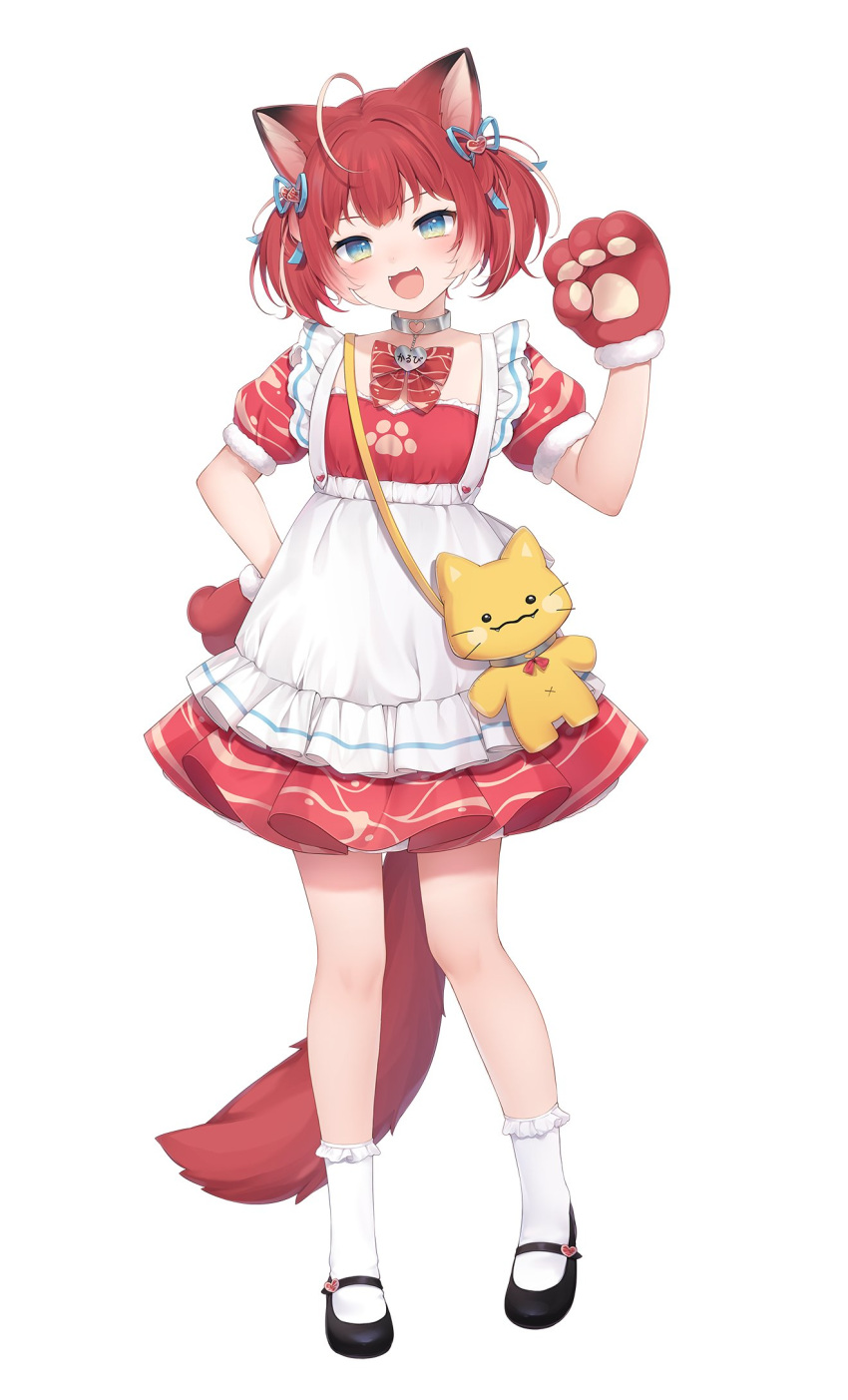 1girl :3 ahoge akami_karubi amashiro_natsuki animal_ears animal_hands apron bag black_footwear black_hair blue_eyes blue_ribbon blush breasts cat_ears cat_hair_ornament cat_tail collar commentary_request dot_nose dress fangs frilled_apron frilled_skirt frilled_socks frills full_body gloves hair_ornament hair_ribbon hand_on_own_hip hand_up handbag heart heart-shaped_ornament heart_hair_ornament heart_o-ring heart_ring_choker highres indie_virtual_youtuber knees mary_janes metal_collar multicolored_eyes multicolored_hair open_mouth pale_skin paw_gloves pleated_skirt red_dress red_fur red_ribbon redhead ribbon ribbon_hair_ornament shoes short_sleeves simple_background skirt small_breasts socks solo tail thick_eyelashes twintails two_side_up whiskers white_apron white_background white_hair white_socks yellow_eyes