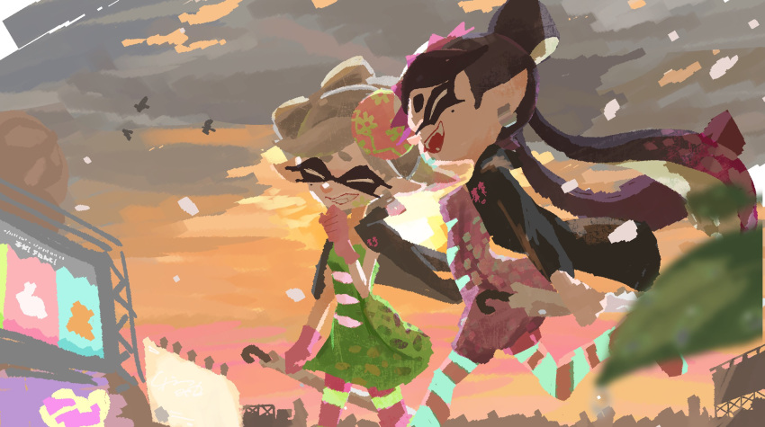 2girls :d ^_^ arm_at_side black_hair black_jacket bow-shaped_hair callie_(splatoon) clenched_hands closed_eyes closed_umbrella clouds cloudy_sky commentary_request cowboy_shot dress earrings fangs garryaoki gloves gradient_hair green_dress grey_hair grin hand_to_own_mouth highres holding holding_umbrella hoop_earrings inkling jacket jacket_on_shoulders jewelry jumpsuit laughing long_hair marie_(splatoon) mole mole_under_eye multicolored_hair multiple_girls official_alternate_costume official_style open_mouth pantyhose pink_gloves pink_hair pink_jumpsuit pink_pantyhose pointy_ears short_hair short_jumpsuit sky smile splatoon_(series) splatoon_3 strapless strapless_dress striped_clothes striped_pantyhose swept_bangs tentacle_hair twintails two-tone_hair umbrella