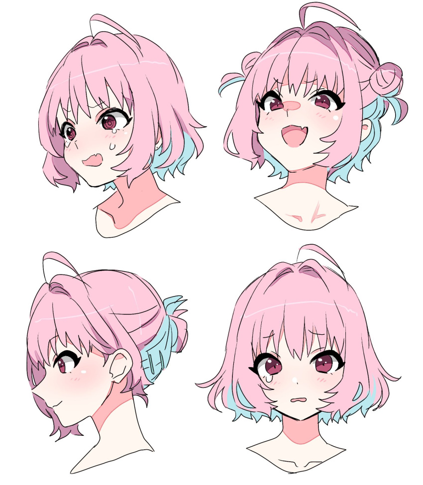 1girl ahoge alternate_eye_color alternate_hairstyle closed_mouth collarbone commentary crying crying_with_eyes_open double_bun expressions hair_bun hair_intakes highres idolmaster idolmaster_cinderella_girls looking_at_viewer looking_to_the_side multicolored_hair multiple_views open_mouth pink_hair portrait profile short_hair simple_background smug sukoyaka_(100hituzi) tearing_up tears two-tone_hair v-shaped_eyebrows violet_eyes white_background yumemi_riamu