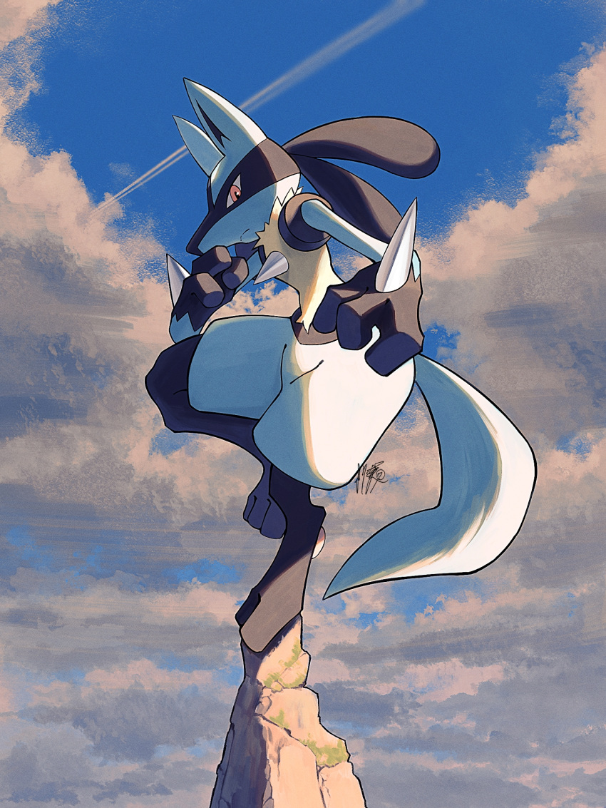 closed_mouth clouds commentary_request day frown full_body highres kuchiba_(jret2454) looking_down lucario outdoors pink_eyes pokemon pokemon_(creature) signature sky solo standing standing_on_one_leg