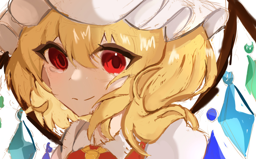 1girl absurdres ascot crystal_wings dress flandre_scarlet hat highres medium_hair mob_cap red_dress red_eyes side_ponytail simple_background smile solo teruteru_(pixiv_98065144) touhou upper_body white_background yellow_ascot