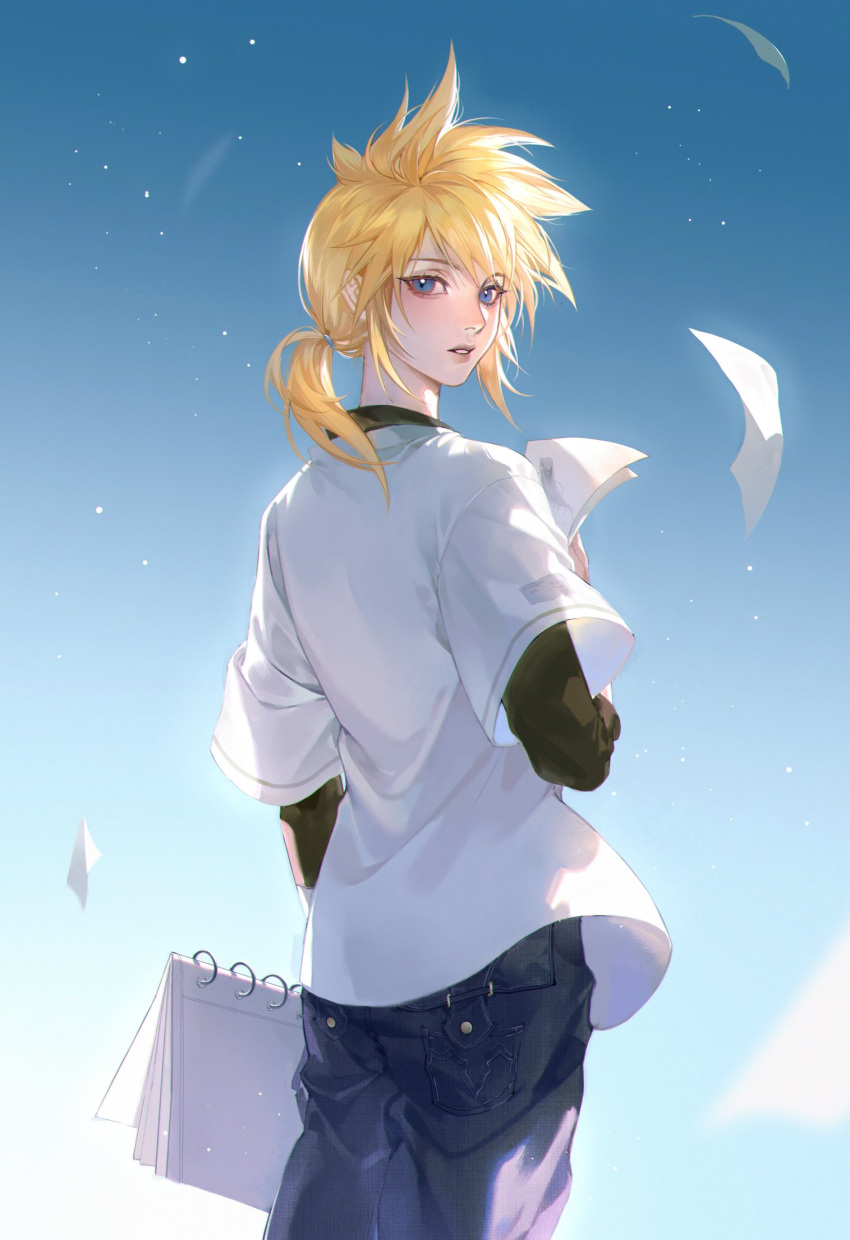 1boy aged_down backlighting black_shirt blonde_hair blue_eyes blue_pants blue_sky bright_pupils chinese_commentary cloud_strife cuntouxiaoyeju day drawing_(object) final_fantasy final_fantasy_vii flying_paper highres holding holding_drawing holding_paper holding_sketchbook layered_sleeves long_hair long_sleeves looking_back low_ponytail male_focus outdoors pants paper parted_lips shirt sketchbook sky solo spiky_hair t-shirt upper_body white_shirt wind