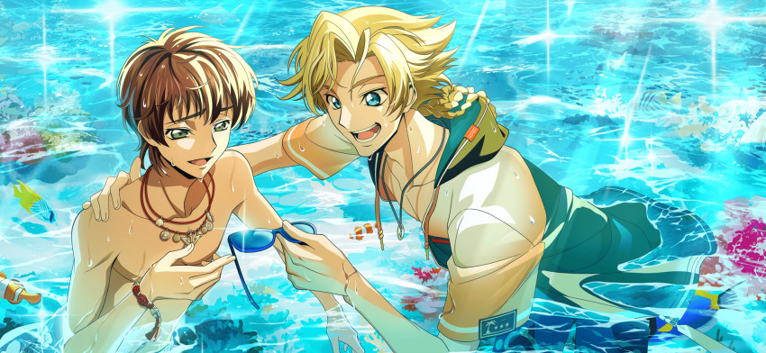 2boys angelfish artist_request blonde_hair blue-framed_eyewear blue-tinted_eyewear blue_background blue_eyes bracelet brown_hair clownfish code_geass code_geass:_lost_stories collarbone drawstring fish game_cg gino_weinberg green_eyes green_shirt half-closed_eyes hand_on_another's_shoulder hand_up happy highres holding holding_removed_eyewear hood hood_down hooded_shirt jewelry kururugi_suzaku male_focus multiple_boys multiple_necklaces navel necklace non-web_source ocean official_art open_clothes open_mouth open_shirt partially_submerged quad_braids raised_eyebrows ring ring_necklace shirt short_hair short_sleeves sidelocks smile sparkle star_(symbol) sunglasses teeth tinted_eyewear topless_male two-tone_shirt unworn_eyewear upper_body water wet