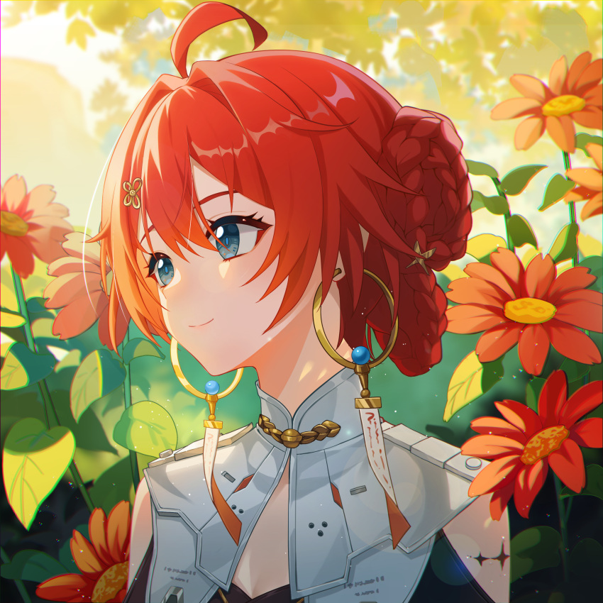 1girl absurdres ahoge blue_eyes braid braided_bun chinese_commentary cleavage_cutout clothing_cutout commentary_request danjin_(wuthering_waves) earrings flower hair_between_eyes hair_bun hair_intakes hair_ornament highres hoop_earrings huang_tie_lin jewelry looking_to_the_side outdoors portrait red_flower redhead shoulder_cutout sidelocks smile solo tacet_mark_(wuthering_waves) wuthering_waves