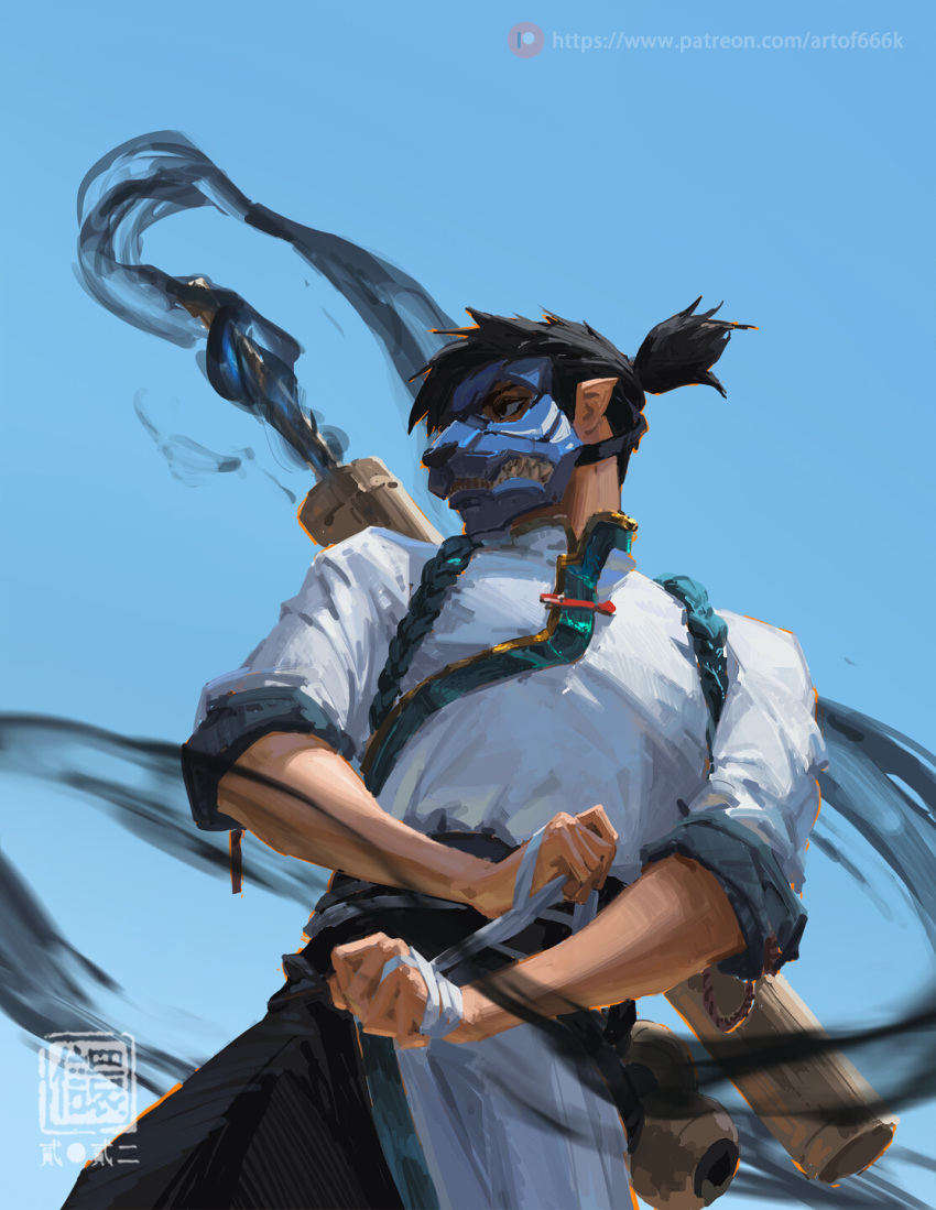 1boy black_hair blue_sky cowboy_shot day from_below highres kan_liu_(666k) looking_to_the_side male_focus mask original outdoors patreon_username ponytail seal_impression shirt short_hair sky solo standing toned toned_male white_shirt
