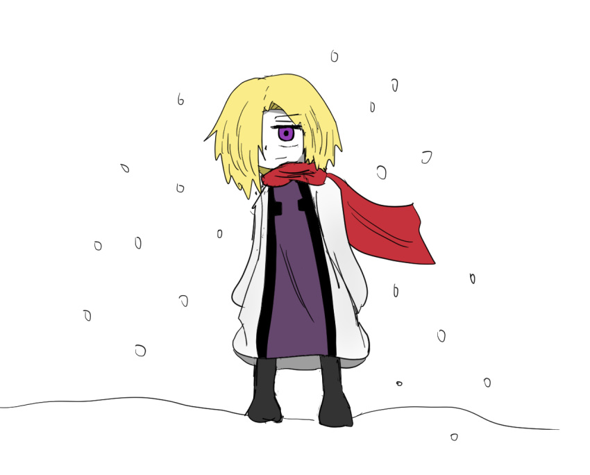 1girl arms_at_sides blonde_hair closed_mouth hair_over_one_eye koishi_komeiji's_heart-throbbing_adventure non-web_source one_eye_covered red_scarf scarf snow solo standing touhou violet_eyes wind yakumo_yukari
