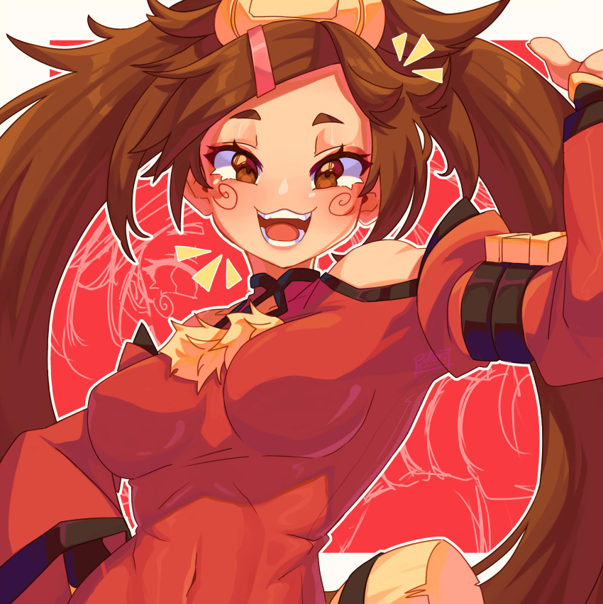 1girl absurdres bare_shoulders blush breasts brown_eyes brown_hair china_dress chinese_clothes covered_navel detached_sleeves dress guilty_gear guilty_gear_xrd guilty_gear_xx hair_ring highres kuradoberi_jam long_hair looking_at_viewer medium_breasts open_mouth red_dress red_sleeves smile supacreamss twintails very_long_hair wide_sleeves