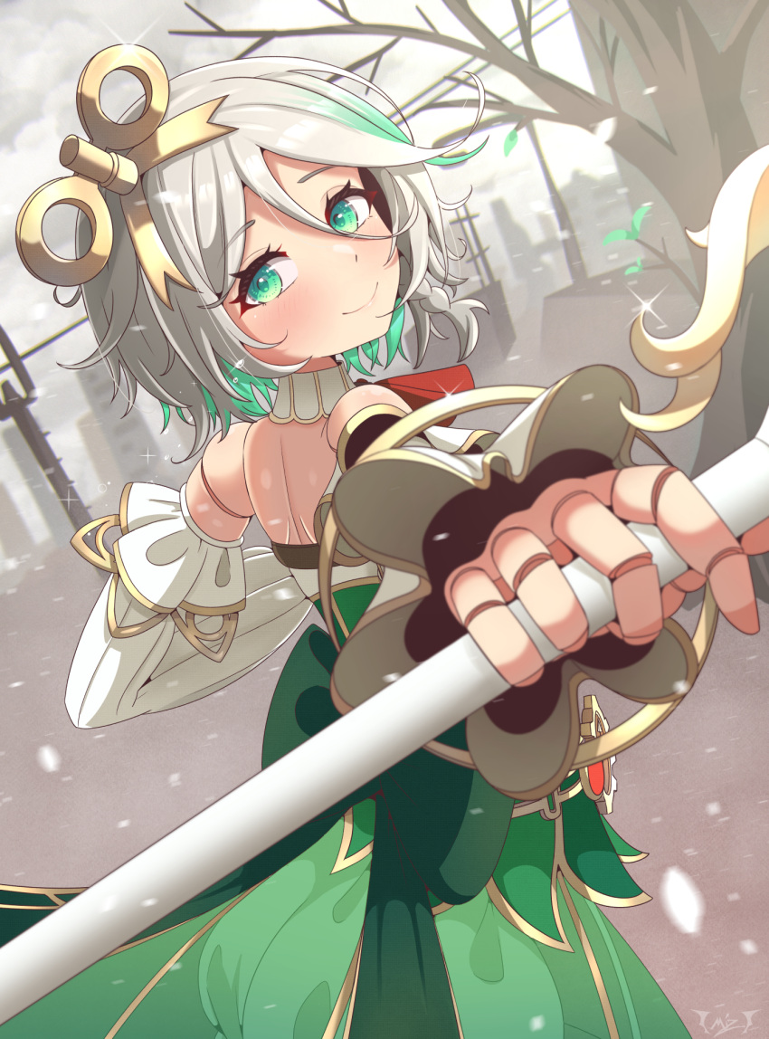 1girl braid cecilia_immergreen colored_inner_hair detached_collar detached_sleeves doll_joints dress green_dress green_eyes green_hair grey_hair highres holding holding_polearm holding_weapon hololive hololive_english joints mizmillificent multicolored_hair polearm side_braid signature smile strapless strapless_dress virtual_youtuber weapon winding_key