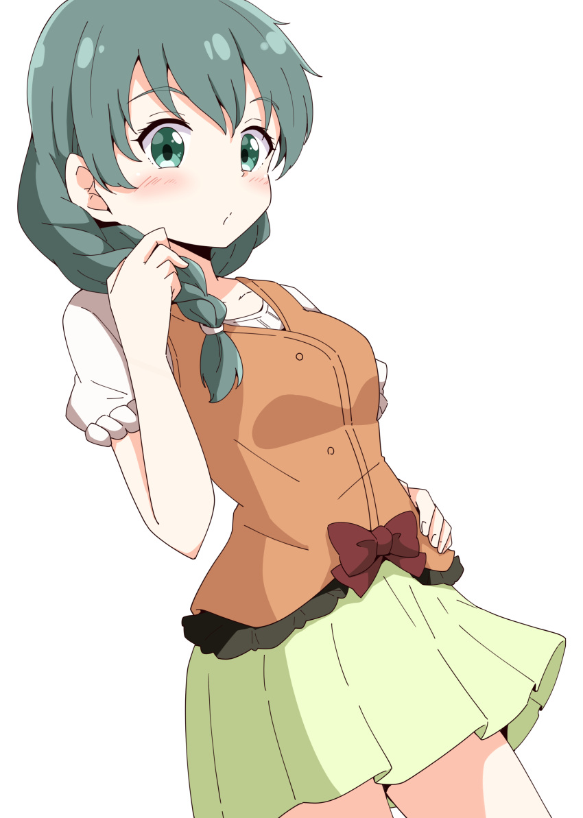 1girl absurdres aikawa_ryou bow braid breasts brown_vest commentary_request commission dutch_angle green_eyes green_hair green_skirt hair_over_shoulder hand_on_own_hip hand_up hidamari_sketch highres long_hair natsume_(hidamari_sketch) pixiv_commission pleated_skirt puffy_short_sleeves puffy_sleeves red_bow shirt short_sleeves simple_background single_braid skirt small_breasts solo vest white_background white_shirt
