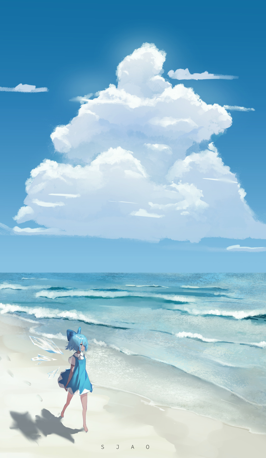 1girl arm_at_side artist_name bare_legs barefoot beach blue_bow blue_dress blue_eyes blue_hair blue_sky bow cirno closed_mouth clouds collared_shirt commentary cumulonimbus_cloud dark-skinned_female dark_skin day dress english_commentary hair_bow highres ice ice_wings looking_afar ocean outdoors profile scenery shaoviie shirt short_dress short_hair short_sleeves sky sleeveless sleeveless_dress solo standing summer tan tanned_cirno touhou waves white_shirt wide_shot wings