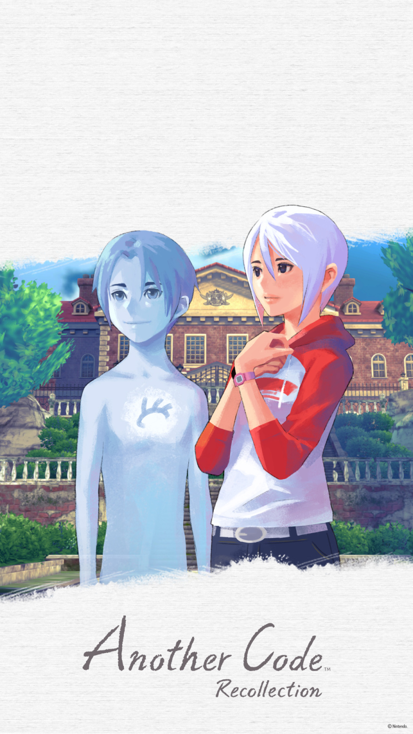 1boy 1girl another_code another_code_recollection ashley_mizuki_robbins clock d_(another_code) denim ghost hands_on_own_chest highres jeans mansion nintendo official_art pants short_hair sweater title tree white_hair