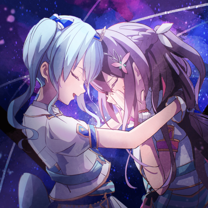 2girls absurdres azki_(hololive) blue_bow blue_hair bow braid brown_hair closed_eyes commentary crown_braid crying facing_another from_side hair_bow hair_ornament hairclip hands_on_own_face heads_together highres hololive hololive_idol_uniform_(bright) hoshimachi_suisei hug jacket long_hair medium_hair multicolored_hair multiple_girls official_alternate_costume oki_no_fuji open_mouth pink_hair puffy_short_sleeves puffy_sleeves short_sleeves smile streaked_hair upper_body very_long_hair virtual_youtuber white_jacket