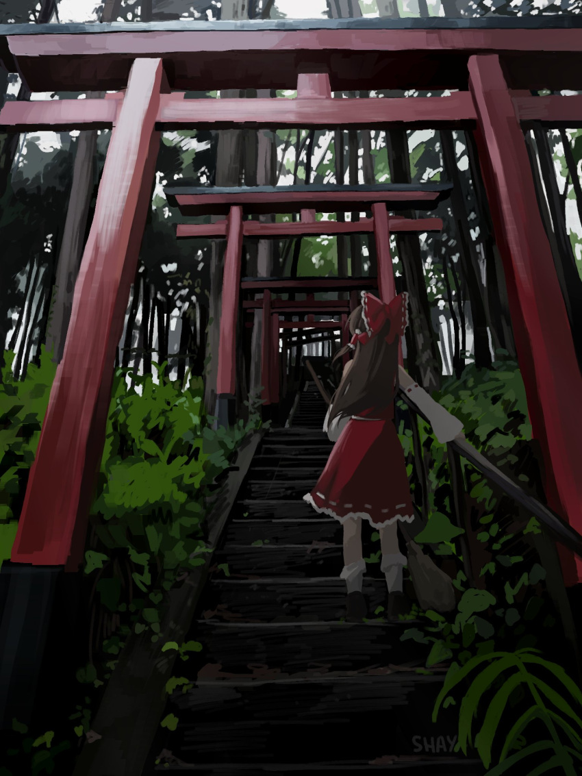 1girl bare_shoulders bow brown_hair detached_sleeves forest frilled_bow frilled_hair_tubes frills from_behind grey_sky hair_bow hair_tubes hakurei_reimu hand_on_railing highres japanese_clothes ladder li_shay long_hair miko nature red_bow sky sleeveless solo solo_focus stairs torii touhou