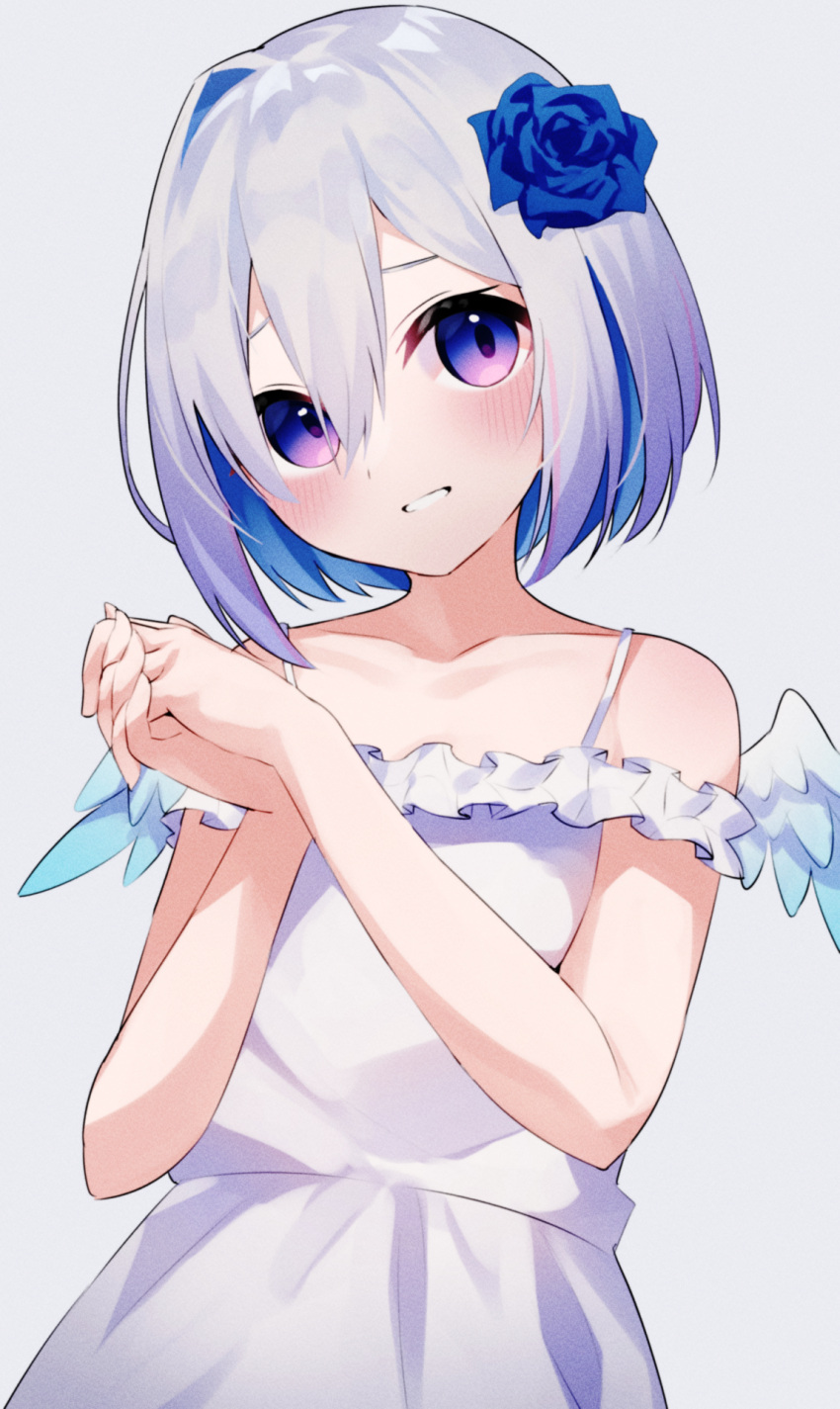 1girl alternate_costume amane_kanata angel angel_wings blue_flower blue_hair blush colored_inner_hair dress flower fragir grey_hair hair_flower hair_ornament highres hololive looking_at_viewer multicolored_hair own_hands_together short_hair smile solo violet_eyes virtual_youtuber white_background white_dress wings