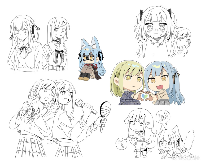 2girls ? aged_down animal_ears bang_dream! bang_dream!_it's_mygo!!!!! black_mask black_ribbon black_skirt cat_ears cat_girl cat_tail chinese_commentary closed_mouth commentary_request crying crying_with_eyes_open dog_ears dog_girl dog_tail domino_mask green_hair hair_ornament hair_ribbon hairclip heart heart_hands heart_hands_duo highres holding holding_maracas holding_microphone kemonomimi_mode long_hair mask microphone multiple_girls music parted_lips partially_colored plaid plaid_skirt red_shirt ribbon school_uniform shirt simple_background singing skirt smile spoken_question_mark sweat tail tears togawa_sakiko tsukinomori_school_uniform two_side_up wakaba_mutsumi white_background yellow_eyes yui_k_(yuik48074789)