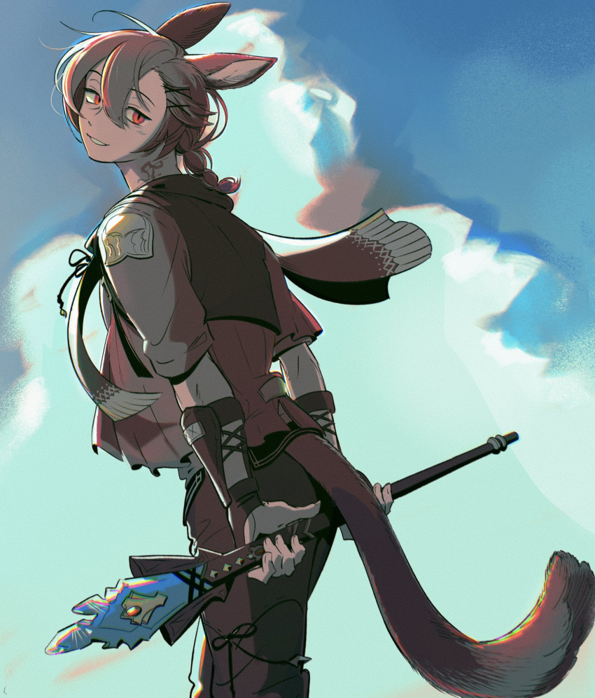 1boy animal_ears arms_behind_back blue_background blue_sky braid braided_ponytail brown_gloves brown_hair brown_pants brown_vest cat_boy cat_ears cat_tail clouds final_fantasy final_fantasy_xiv fingerless_gloves g'raha_tia gloves grin hair_between_eyes highres holding holding_staff long_hair looking_at_viewer looking_back male_focus miqo'te outdoors pants red_eyes robodumpling scarf short_sleeves sky smile staff standing tail vest