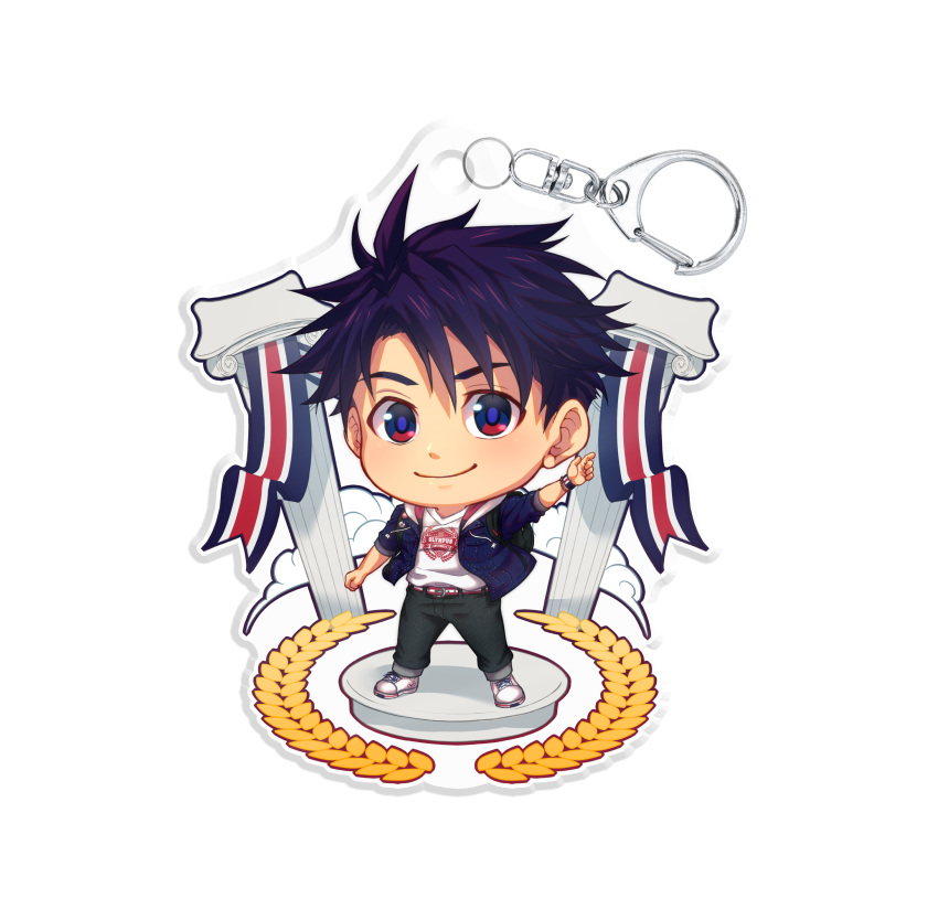 1boy absurdres ace_anderson black_pants blue_eyes blue_jacket character_charm charm_(object) chibi full_body highres ionic_pillar jacket jock_studio_(blits_games) looking_at_viewer male_focus merchandise mikkoukun multicolored_eyes pants pointing purple_hair red_eyes shirt short_hair smile solo standing white_footwear white_shirt