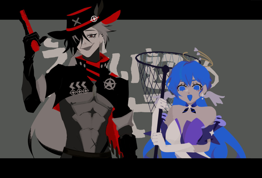 1boy 1girl absurdres android blue_eyes blue_hair blue_mouth boothill_(honkai:_star_rail) cowboy_hat detached_sleeves dio_lost dress grin gun hat head_wings highres holding holding_gun holding_weapon honkai:_star_rail honkai_(series) limited_palette long_hair looking_at_viewer multicolored_hair open_mouth robin_(honkai:_star_rail) sharp_teeth sheriff_badge short_sleeves smile strapless strapless_dress streaked_hair teeth traffic_jam_(vocaloid) very_long_hair weapon wings