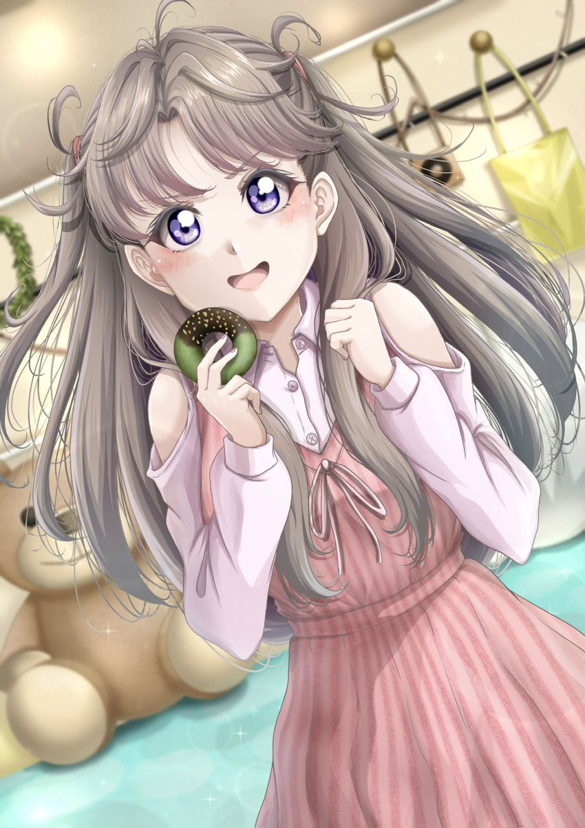 1girl :d blurry blurry_background blush brown_hair chocolate clenched_hand clothing_cutout collared_shirt commentary_request dress dutch_angle food fujishima_megumi hands_up highres holding holding_doughnut holding_food link!_like!_love_live! long_hair looking_at_viewer love_live! matcha_(food) messy_hair pinafore_dress pink_dress scene_reference shirt shoulder_cutout sleeveless sleeveless_dress smile solo souneko_123 stuffed_animal stuffed_toy sweater sweater_dress teddy_bear two_side_up violet_eyes virtual_youtuber white_shirt