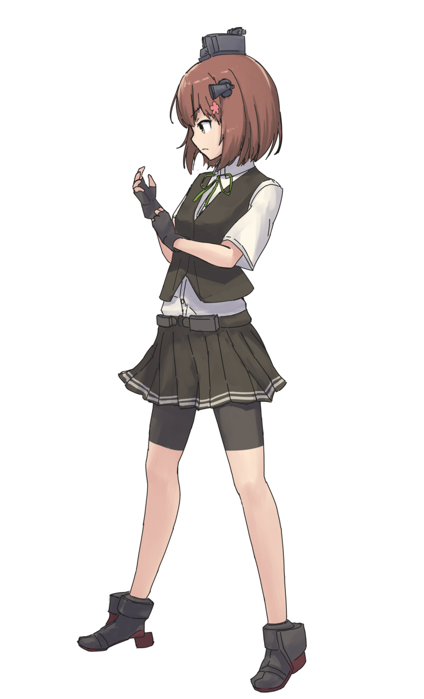 1girl black_gloves black_shorts black_skirt black_vest collared_shirt cosplay dress_shirt fingerless_gloves full_body gloves headgear highres kagerou_(kancolle) kagerou_(kancolle)_(cosplay) kagerou_kai_ni_(kancolle) kagerou_kai_ni_(kancolle)_(cosplay) kantai_collection pleated_skirt shirt shorts shorts_under_skirt simple_background skirt solo speaking_tube_headset vest white_background white_shirt yuki_4040 yukikaze_(kancolle)