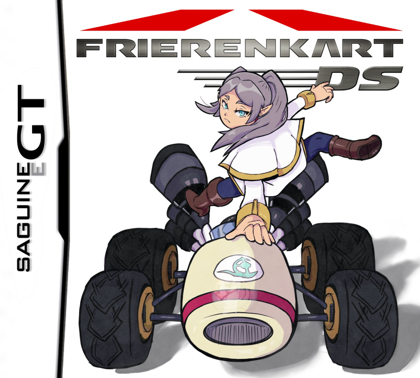 1girl capelet elf frieren go-kart green_eyes highres long_hair long_sleeves looking_at_viewer mario_kart motor_vehicle parted_bangs pointy_ears saguinee solo sousou_no_frieren standard_kart_(mario) super_mario_bros. twintails white_capelet