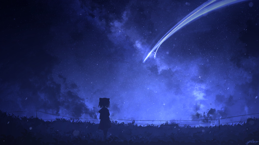 1girl animal_ears arms_at_sides bush cat_ears clouds cloudy_sky dress facing_away from_behind galaxy grass highres landscape light_particles original power_lines rune_xiao scenery shooting_star short_hair signature sky solo sparkle star_(sky) starry_sky very_wide_shot