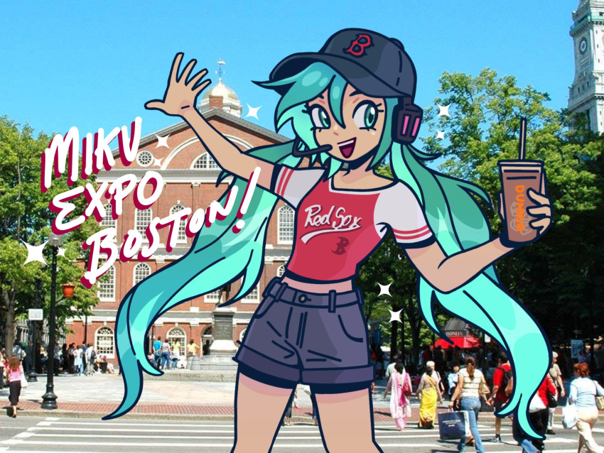 6+boys 6+girls alternate_costume baseball_cap black_hat blue_eyes blue_hair blue_sky boston boston_red_sox coffee coffee_cup commentary cup day disposable_cup dunkin'_donuts english_commentary feet_out_of_frame flat_chest grey_shorts hair_between_eyes hat hatsune_miku hatsune_miku_expo headset highres jialu_zou long_hair looking_at_viewer medium_bangs multiple_boys multiple_girls open_mouth people photo_background raglan_sleeves real_world_location red_shirt shirt short_sleeves shorts sky smile solo_focus sparkle teeth tree twintails upper_teeth_only very_long_hair vocaloid