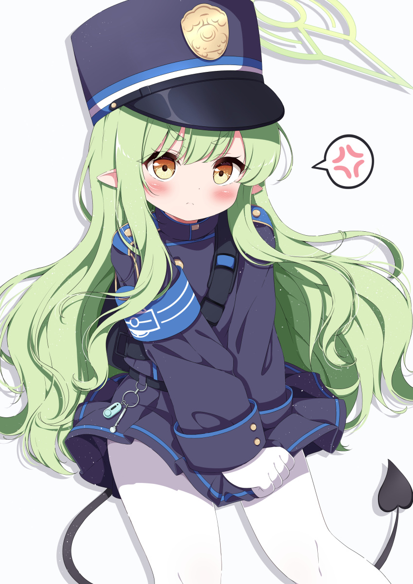1girl absurdres black_hat black_shirt black_skirt black_tail blue_archive blush closed_mouth demon_tail g4ku gloves green_hair green_halo halo hat highlander_sidelocks_conductor_(blue_archive) highres long_hair long_sleeves looking_at_viewer pantyhose peaked_cap pleated_skirt pointy_ears shirt simple_background skirt solo tail white_background white_gloves white_pantyhose yellow_eyes