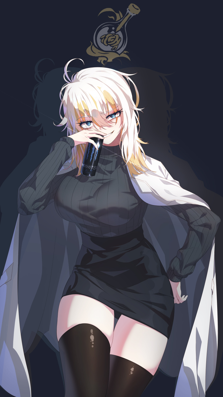 1girl absurdres black_skirt blue_eyes coat coat_on_shoulders energy_drink faust_(project_moon) highres limbus_company long_sleeves looking_at_viewer monster_energy pencil_skirt project_moon skirt solo sushispin thigh-highs turtleneck white_coat white_hair