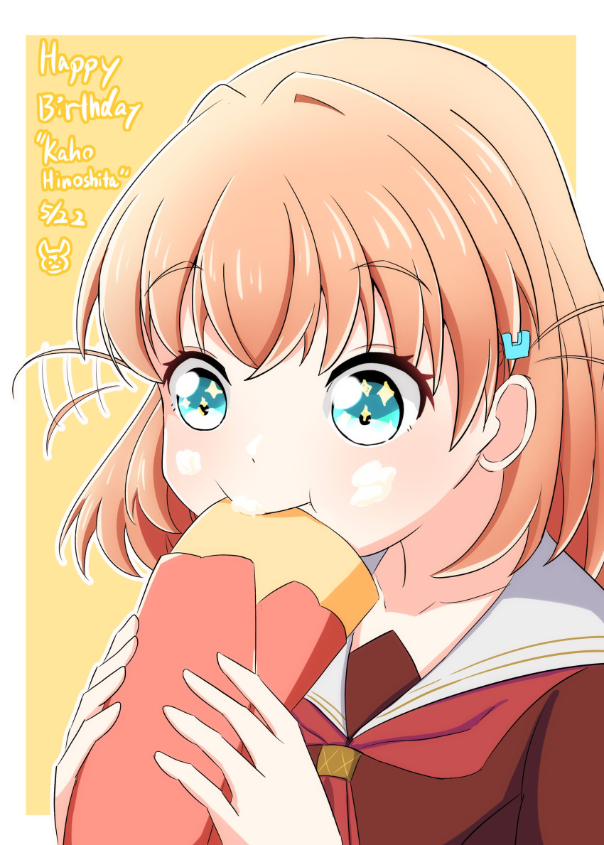1girl absurdres aqua_eyes border brown_dress character_name closed_mouth collarbone commentary_request crepe crossed_bangs daime_(hyahhaa10) dated dress expressive_hair food food_in_mouth hair_ornament happy_birthday hasu_no_sora_school_uniform highres hinoshita_kaho holding holding_food link!_like!_love_live! long_sleeves love_live! medium_hair motion_lines neckerchief orange_hair outline outside_border rabbit_hair_ornament red_neckerchief sailor_collar sailor_dress school_uniform solo sparkling_eyes two-handed two_side_up upper_body virtual_youtuber white_border white_outline white_sailor_collar wide-eyed winter_uniform yellow_background
