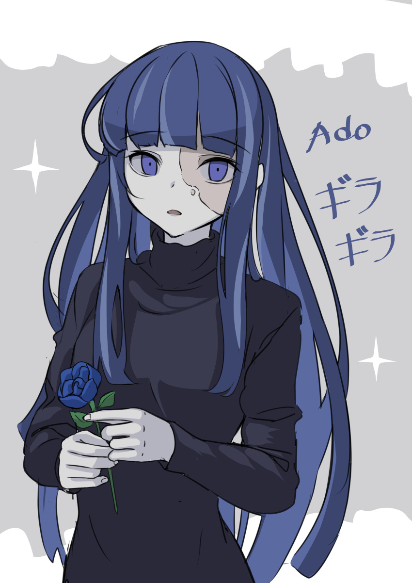 1girl absurdres ado_(utaite) black_dress black_shirt blue_eyes blue_flower blue_hair blue_rose blunt_bangs character_name dress flower gira_gira grey_background highres holding holding_flower kuda_aer long_hair long_sleeves looking_at_viewer open_mouth pale_skin rose scar scar_on_face shirt simple_background solo song_name sparkle standing turtleneck turtleneck_dress turtleneck_shirt two-tone_background upper_body violet_eyes white_background
