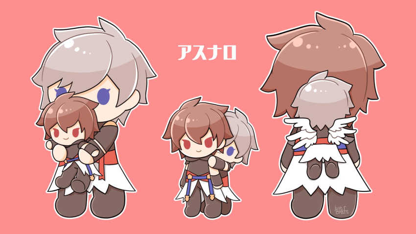 2boys 3310pix artist_name belt blue_belt blue_eyes brown_hair cape chibi chibi_only commentary commentary_request elbow_gloves feathered_wings from_behind gloves granblue_fantasy hair_between_eyes highres hood hood_down hug hug_from_behind light_smile lucifer_(shingeki_no_bahamut) multiple_boys multiple_views multiple_wings outline red_background red_eyes sandalphon_(granblue_fantasy) short_hair short_sleeves signature solid_oval_eyes translation_request white_cape white_hair white_outline white_wings wings