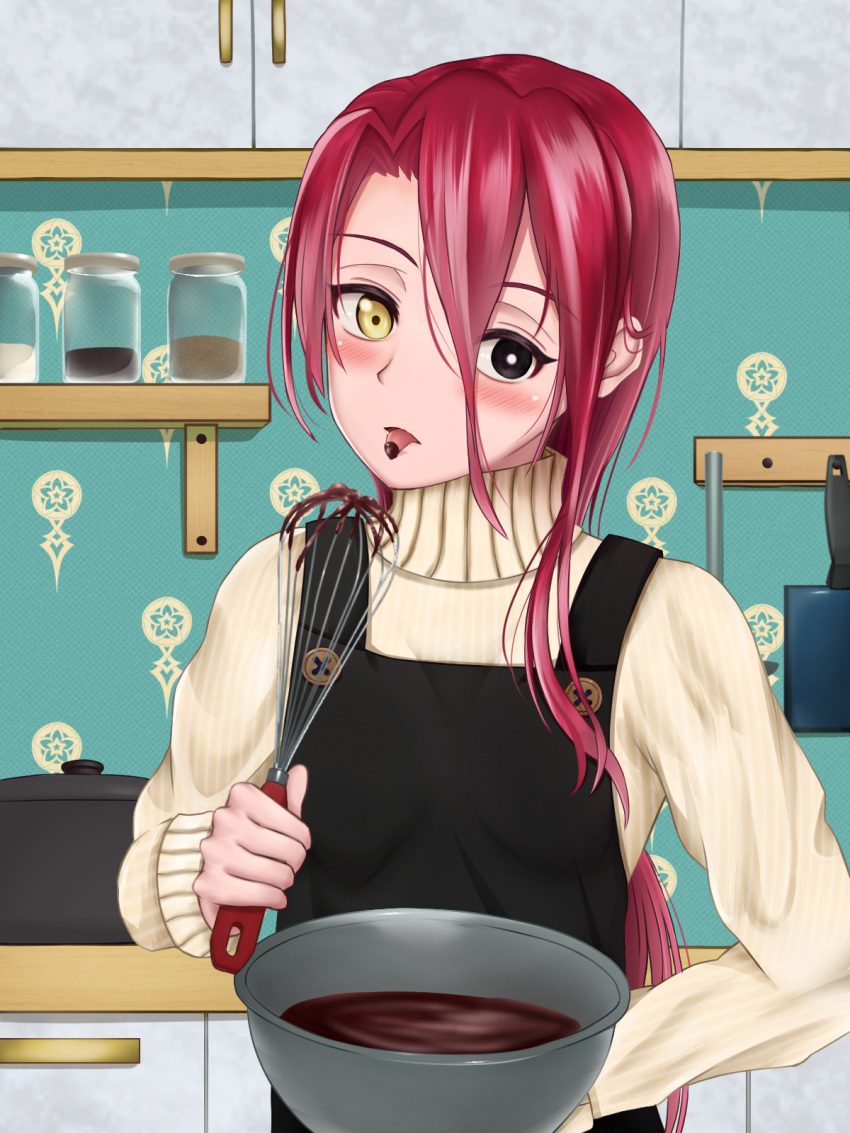 apron artist_request black_eyes blush bowl breasts chocolate chocolate_making dragon_fruit fate/grand_order fate_(series) highres holding holding_bowl kitchen looking_at_viewer medium_breasts mixing_bowl redhead spatula typhon_ephemeros_(fate) yellow_eyes