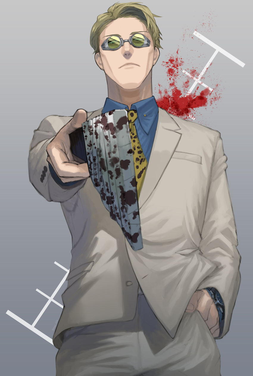 1boy 7:3_ratio absurdres animal_print blonde_hair blue_shirt brown_suit formal goggles highres holding holding_sword holding_weapon jujutsu_kaisen nanami_kento necktie pointing pointing_at_viewer pointing_weapon serious shirt short_hair solo suit sword weapon yellow_necktie