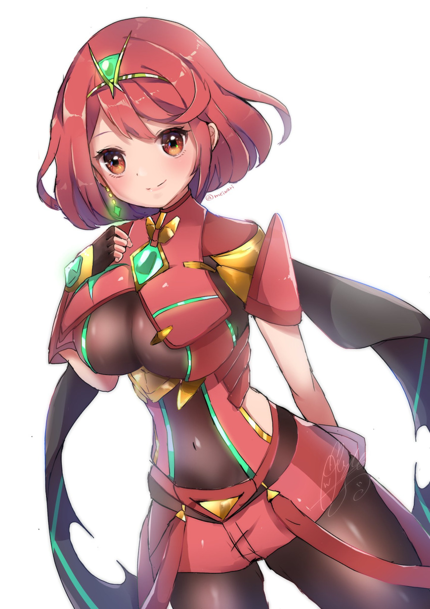 1girl armor ass_visible_through_thighs backless_outfit black_gloves bob_cut breasts chest_jewel core_crystal_(xenoblade) drop_earrings earrings fingerless_gloves gloves hand_on_own_chest herunia_kokuoji highres impossible_clothes jewelry large_breasts pantyhose pantyhose_under_shorts pyra_(xenoblade) red_eyes red_shorts redhead short_hair short_shorts short_sleeves shorts shoulder_armor skindentation solo super_smash_bros. suspenders swept_bangs thigh-highs thighhighs_over_pantyhose tiara xenoblade_chronicles_(series) xenoblade_chronicles_2