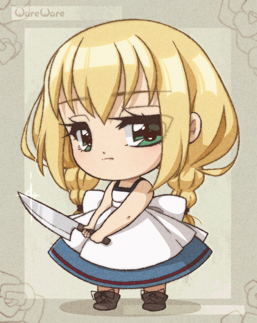 blonde_hair blue_and_white_dress braids chibi dress dual_braid green_eyes holding_knife rpgmaker signature simple_background videogame