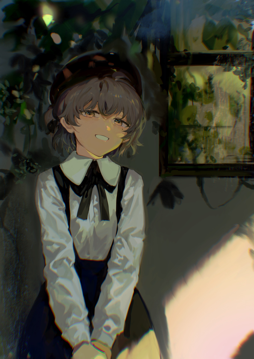 1girl 7448709533 absurdres against_wall beret black_hat black_skirt brown_hair chromatic_aberration collared_shirt commentary cowboy_shot grin half-closed_eyes hat hatoba_tsugu highres long_sleeves looking_at_viewer mole mole_under_eye outdoors own_hands_together plant shade shirt shirt_tucked_in short_hair skirt smile solo standing suspender_skirt suspenders symbol-only_commentary tsugu_(vtuber) v_arms vines virtual_youtuber white_shirt window