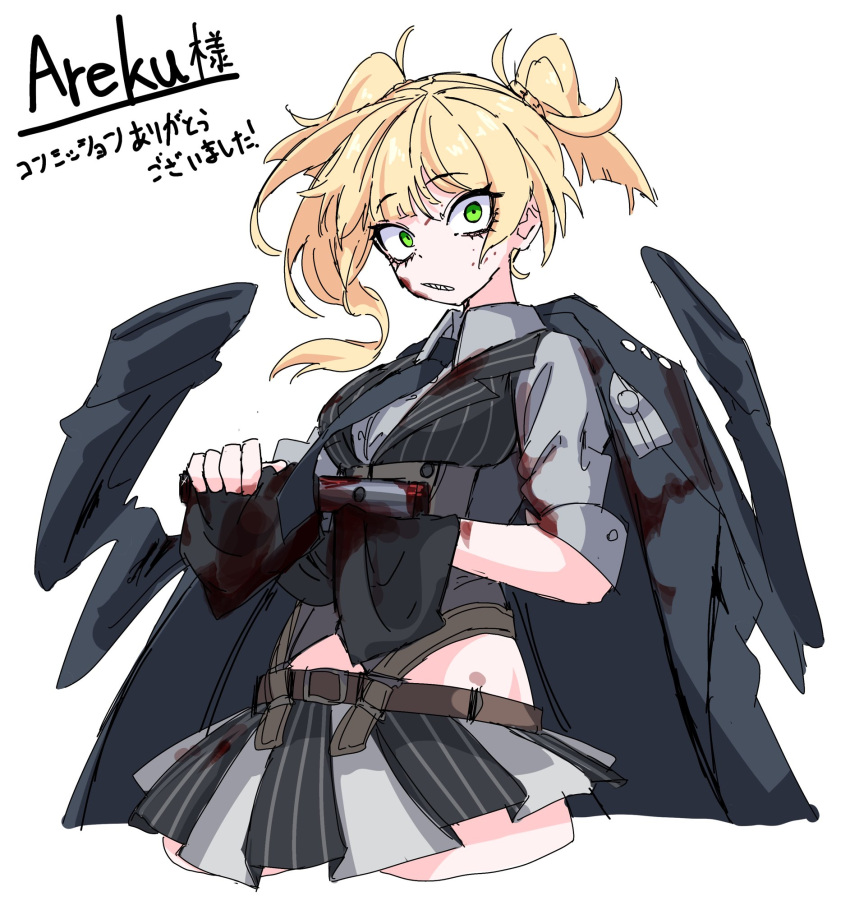 1girl asymmetrical_hair blonde_hair blood blood_on_clothes blood_on_face blood_on_gun blood_on_weapon bolt_action commentary commission cropped_legs dr_yamero girls_frontline green_eyes gun handgun highres holding holding_gun holding_weapon jacket jacket_on_shoulders looking_at_viewer parted_lips pleated_skirt simple_background skeb_commission skirt solo striped_clothes striped_skirt teeth translation_request twintails weapon welrod welrod_mkii_(girls'_frontline) white_background
