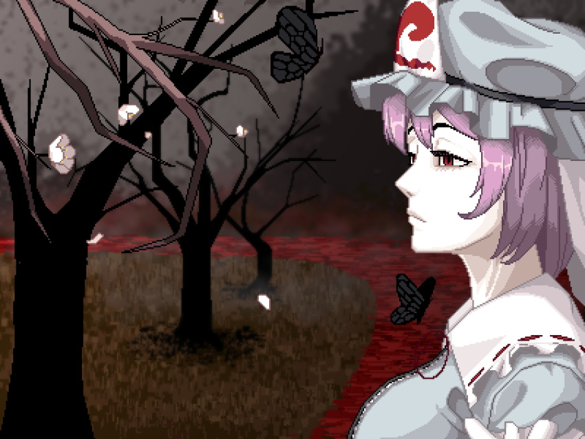 1girl bare_tree blue_hat breasts bug butterfly closed_mouth commentary english_commentary flower from_side hat highres large_breasts mob_cap pink_hair pixel_art red_eyes saigyouji_yuyuko short_hair solo touhou tree triangular_headpiece upper_body vexkaf white_flower
