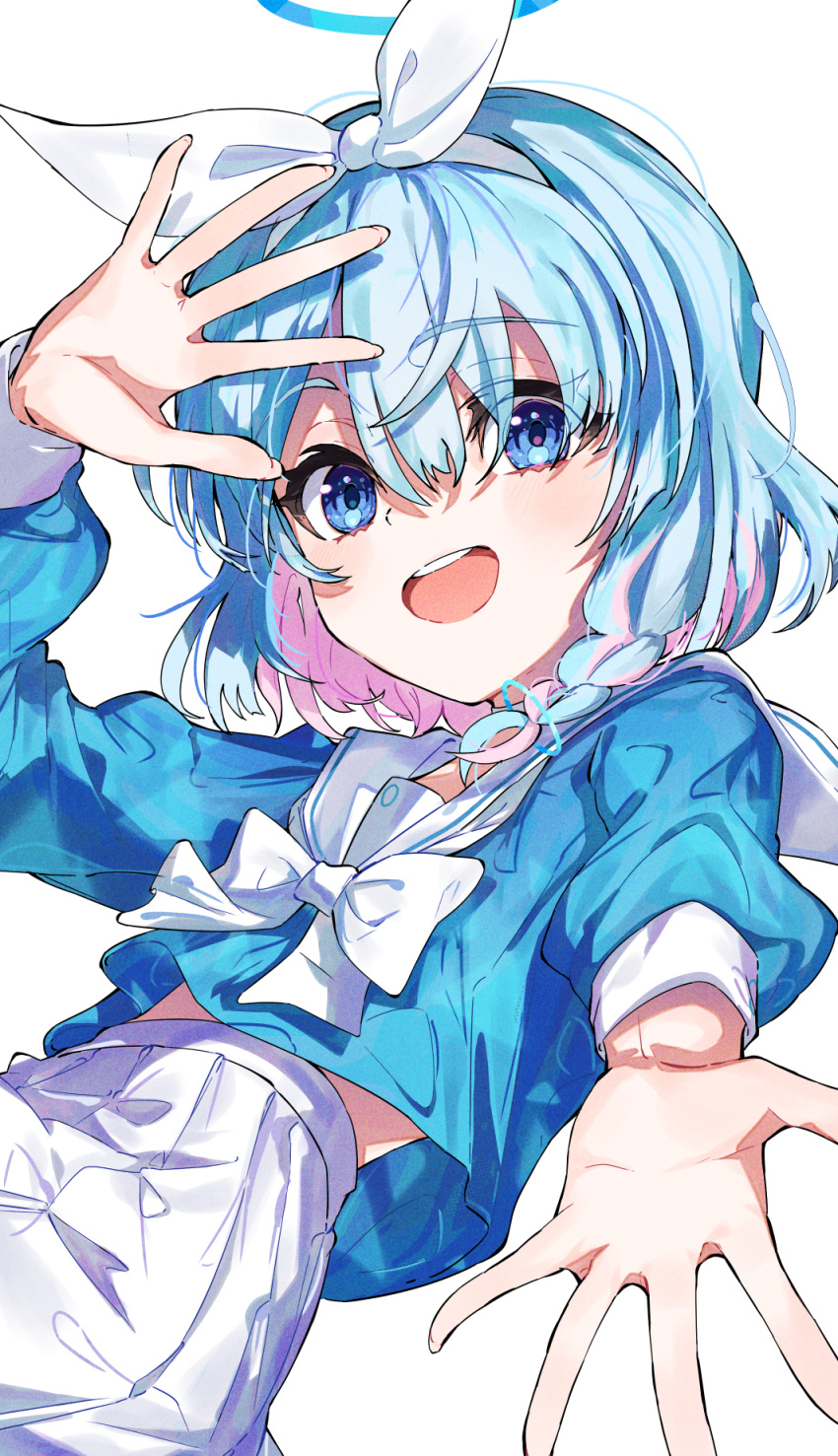 1girl arona_(blue_archive) blue_archive blue_eyes blue_hair blue_halo blush braid fingernails hair_between_eyes halo hanozuku highres long_sleeves looking_at_viewer open_mouth pleated_skirt sailor_collar short_hair simple_background single_braid skirt smile solo white_background white_sailor_collar white_skirt