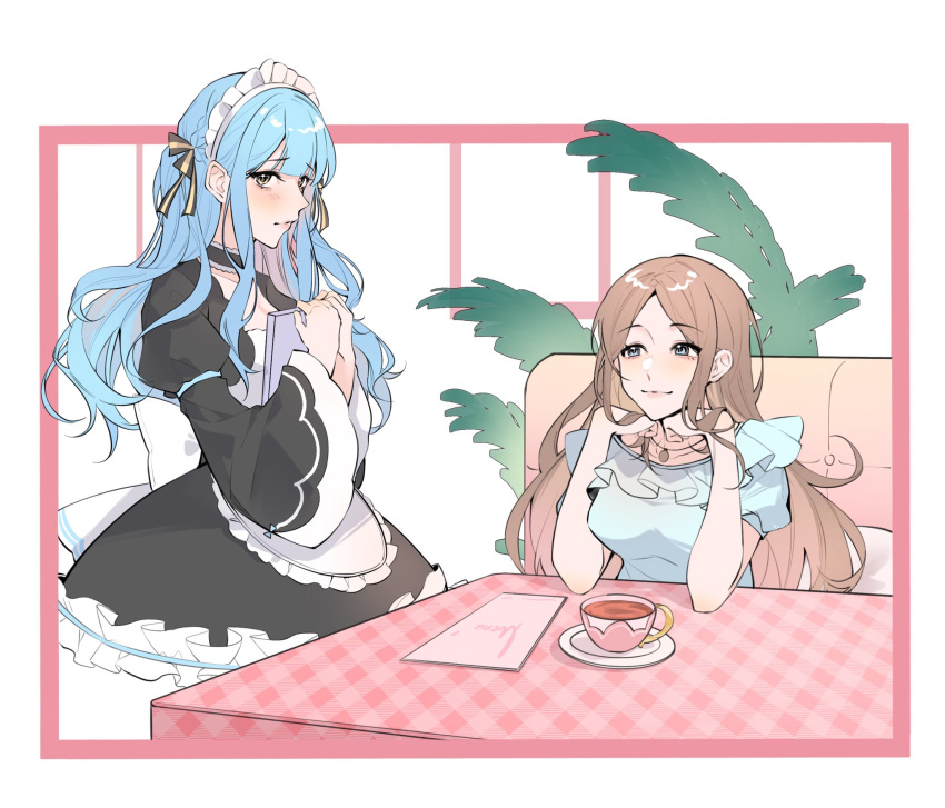 2girls apron bang_dream! bang_dream!_it's_mygo!!!!! black_dress black_ribbon blue_eyes blue_shirt blush booth_seating brown_hair chinese_commentary clipboard closed_mouth commentary_request commission cup dress frilled_shirt frills hair_ribbon highres holding holding_clipboard jewelry juliet_sleeves long_hair long_sleeves looking_at_another looking_at_viewer maid maid_apron maid_headdress menu multiple_girls nagasaki_soyo necklace puffy_sleeves restaurant ribbon saucer second-party_source shirt sitting smile teacup togawa_sakiko tsumalan waitress white_apron yellow_eyes