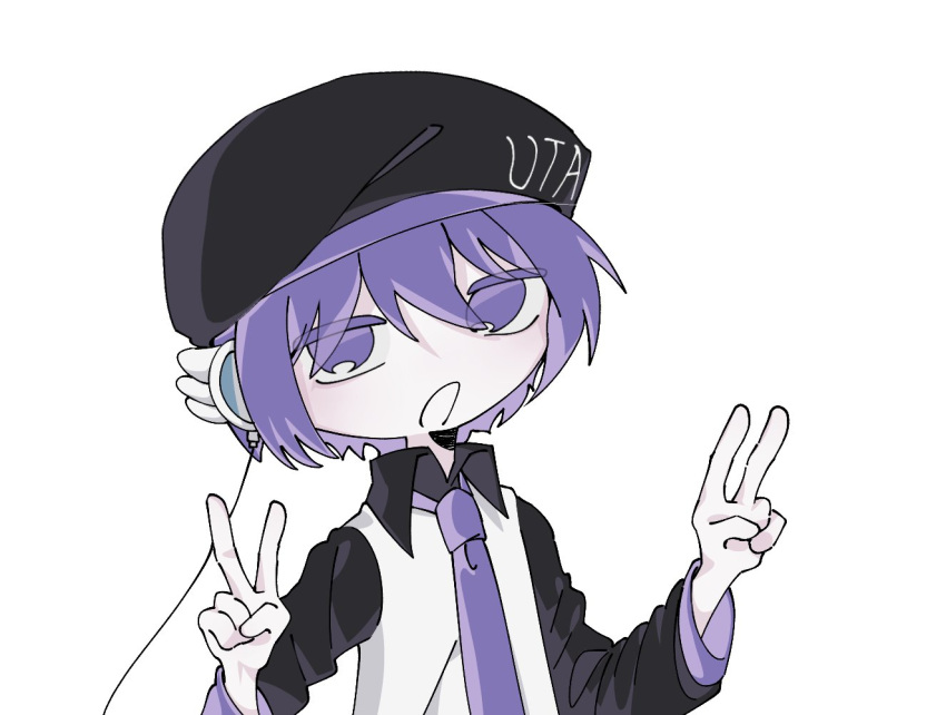1girl beret black_hat cable cho_(chora_otaku00) collared_shirt double_v hands_up hashtag-only_commentary hat headgear long_sleeves looking_at_viewer necktie open_mouth purple_hair purple_necktie shirt short_hair solo upper_body utane_uta utau v violet_eyes