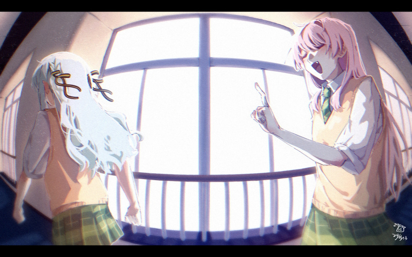2girls bang_dream! bang_dream!_it's_mygo!!!!! black_ribbon blue_hair blush brown_sweater_vest chihaya_anon chromatic_aberration closed_eyes collared_shirt commentary dated_commentary fang fisheye green_necktie green_skirt hair_ribbon hanemi highres index_finger_raised letterboxed long_hair multiple_girls necktie open_mouth pink_hair plaid plaid_skirt pleated_skirt ribbon shirt short_sleeves skirt sweater_vest togawa_sakiko white_shirt