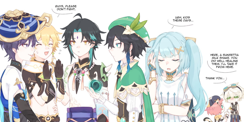 2girls 5boys aether_(genshin_impact) ahoge animal_ears aqua_eyes aqua_hair arm_armor arm_support arm_tattoo armor arrow_print belt bennett_(genshin_impact) black_belt black_bow black_bowtie black_gloves black_hair black_shirt black_shorts blonde_hair blue_belt blue_cape blue_gemstone blue_hair blue_hat blue_pants blunt_ends bow bowtie bracelet braid brown_corset brown_gloves brown_shirt buttons cape cat_ears cat_girl cat_tail closed_eyes closed_mouth collarbone collared_cape collared_shirt corset crying crying_with_eyes_open cup detached_sleeves diona_(genshin_impact) disposable_cup dress drinking_straw earrings elbow_gloves english_commentary english_text eyeshadow facial_mark faruzan_(genshin_impact) fingernails flying_sweatdrops forehead_mark gem genshin_impact gloves goggles goggles_on_head gold_bracelet gold_trim gradient_hair green_cape green_eyes grey_gloves hair_between_eyes hair_ornament half-closed_eyes hand_around_waist hand_up hands_up hat highres holding holding_cup jealous jewelry jingasa kyou_0120 leaf long_hair long_sleeves looking_at_another magic makeup mandarin_collar multicolored_hair multiple_boys multiple_girls navel necklace no_mouth open_clothes open_mouth open_vest pants pearl_necklace pink_hair puffy_long_sleeves puffy_sleeves purple_belt purple_hair purple_hat purple_pants red_eyeshadow ring scaramouche_(genshin_impact) scarf shirt short_sleeves shorts shoulder_armor sidelocks simple_background single_bare_shoulder single_detached_sleeve single_earring sleeveless sleeveless_shirt smile speech_bubble standing star_(symbol) streaming_tears striped_bow striped_bowtie striped_clothes sweatdrop tail tassel tattoo tears tongue tongue_out twin_braids twintails v-shaped_eyebrows venti_(genshin_impact) vest violet_eyes vision_(genshin_impact) wanderer_(genshin_impact) white_background white_dress white_hair white_scarf white_shirt white_vest wide_sleeves wing_collar x_hair_ornament xiao_(genshin_impact)