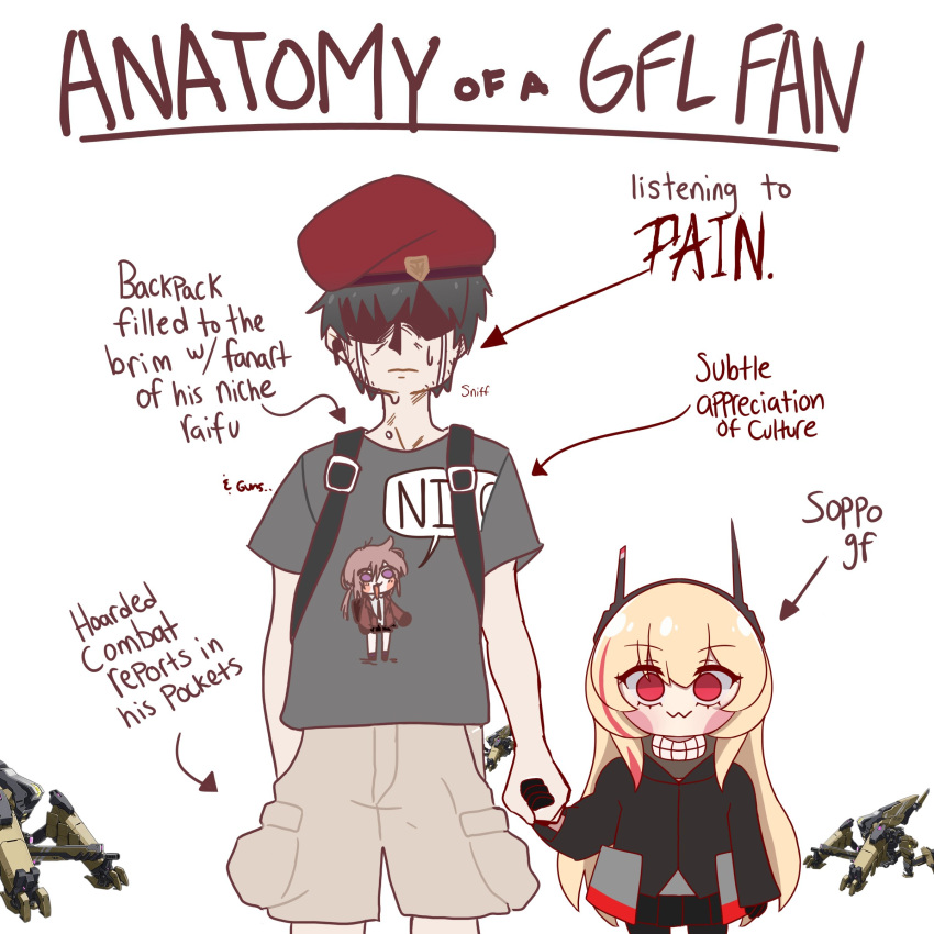 1boy 1girl :3 absurdres anatomy_of_a_gamer_(meme) arms_at_sides arrow_(symbol) beret black_hair black_jacket blonde_hair blush_stickers brown_hair brown_pants cargo_pants character_name closed_mouth commander_(girls'_frontline) commentary cowboy_shot crying english_commentary english_text girls_frontline grey_shirt hat height_difference highres holding_hands jacket long_hair long_sleeves looking_at_viewer m4_sopmod_ii_(girls'_frontline) meme pants red_beret red_eyes robot shaded_face shirt short_hair short_sleeves side-by-side simple_background smart_oval smile standing straight-on streaming_tears t-shirt tears very_long_hair white_background