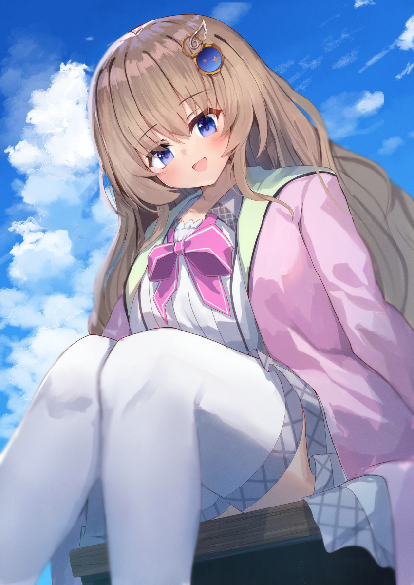 1girl 9-nine- :d absurdres blue_eyes blue_sky blurry blush bow cardigan clouds commentary cumulonimbus_cloud day depth_of_field dress eyes_visible_through_hair foreshortening from_below gear_hair_ornament hair_between_eyes happy highres knees_together_feet_apart kujou_miyako light_brown_hair long_hair looking_at_viewer looking_down nodoameyatou open_cardigan open_clothes open_mouth outdoors pink_bow pink_cardigan school_uniform short_dress sidelocks sitting sky smile solo star_(symbol) thigh-highs very_long_hair white_dress white_thighhighs wing_hair_ornament zettai_ryouiki