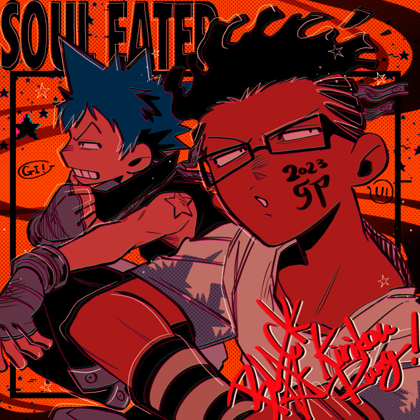 2boys black_hair black_star blue_hair character_name copyright_name dated english_text fingerless_gloves glasses gloves hand_on_own_chin highres kilik_lunge larugo0513 looking_to_the_side multiple_boys scarf shirt shoulder_tattoo soul_eater spiky_hair star_tattoo tattoo wavy_hair white_shirt