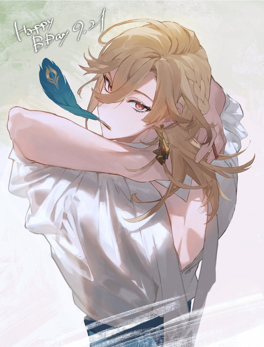 1boy arms_behind_head arms_up back_cutout blonde_hair braid closed_mouth clothing_cutout commentary_request dated earrings eyelashes feathers from_behind genshin_impact grey_background hair_between_eyes hair_ornament hairclip happy_birthday highres jewelry kaveh_(genshin_impact) long_hair looking_at_viewer looking_back male_focus mouth_hold parted_bangs red_eyes sachico66 shirt sidelocks simple_background single_braid sleeves_rolled_up solo upper_body white_shirt